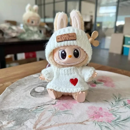Labubu Doll Clothes Set – Bear Hat & Love Sweater Outfit for 15–17cm Dolls