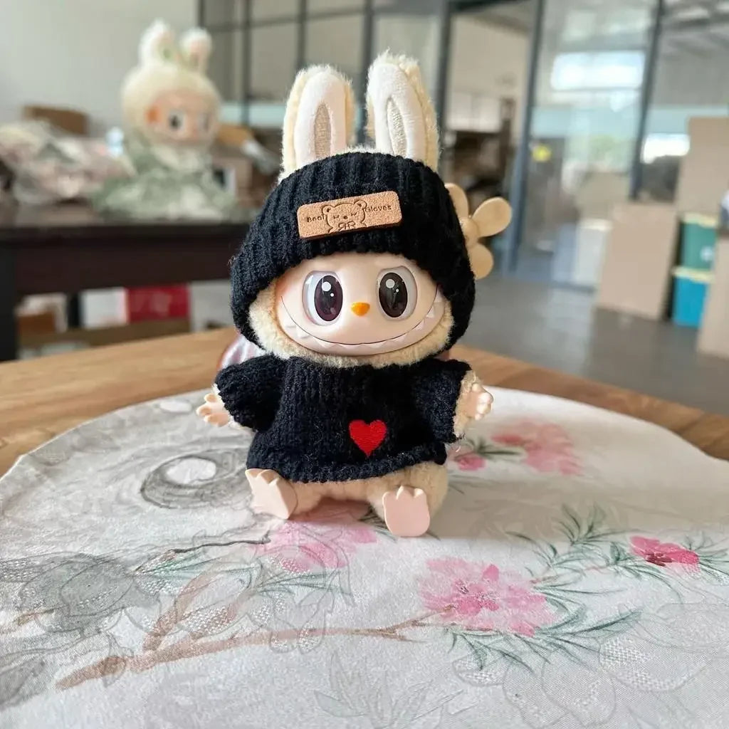 Labubu Doll Clothes Set – Bear Hat & Love Sweater Outfit for 15–17cm Dolls