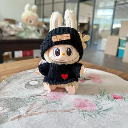 Labubu Doll Clothes Set – Bear Hat & Love Sweater Outfit for 15–17cm Dolls